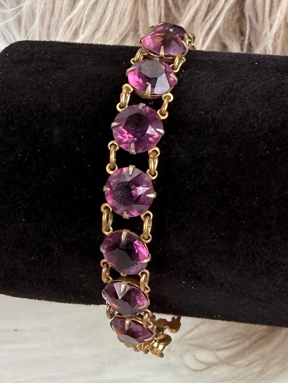 Vintage Purple Faceted Gold Tone Link Bracelet Spring Ring Clasp